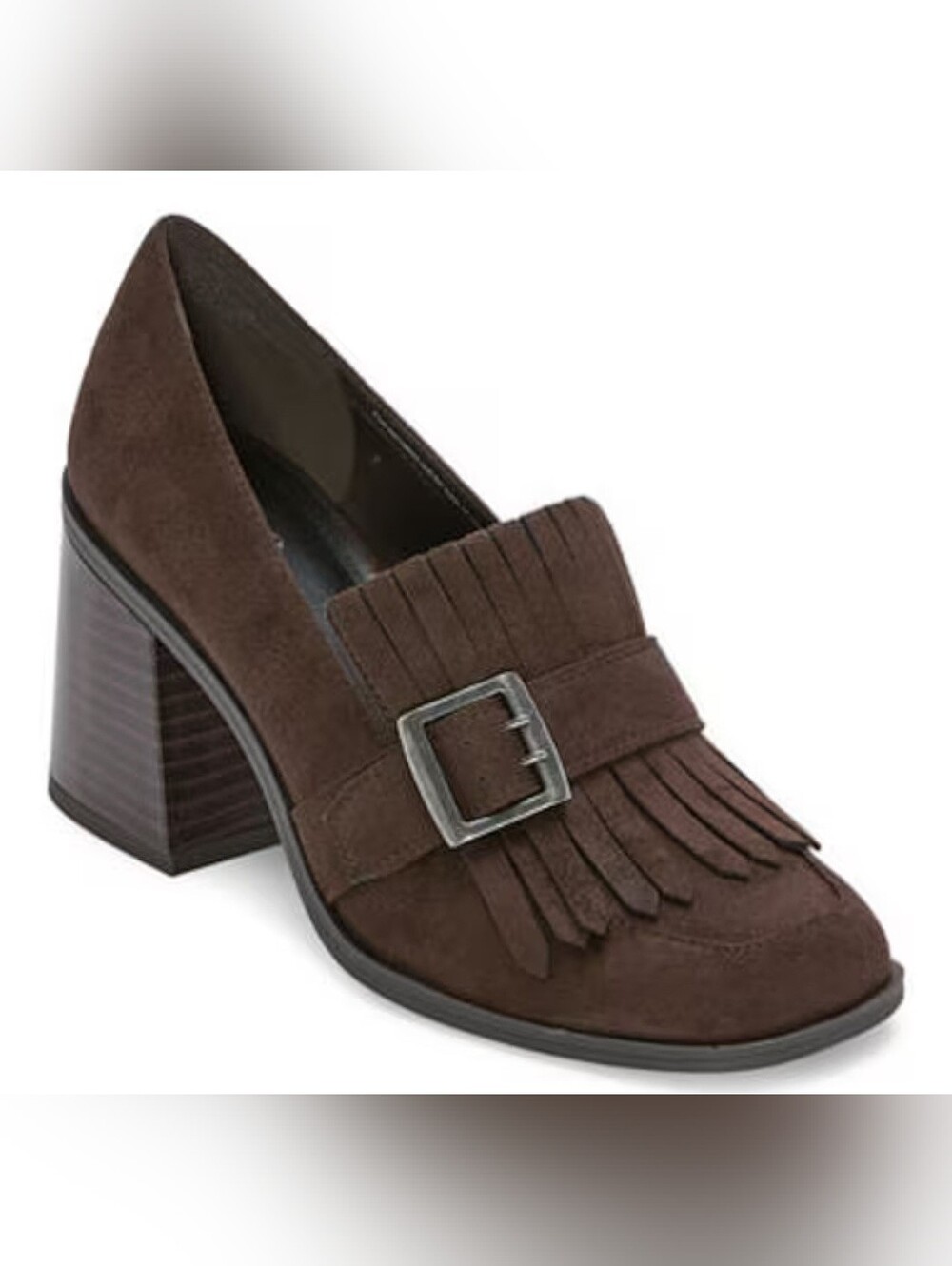 a.n.a Faxon Loafer Faux Suede Fringe Buckle Heels Sz 7.5 Chocolate Brown
